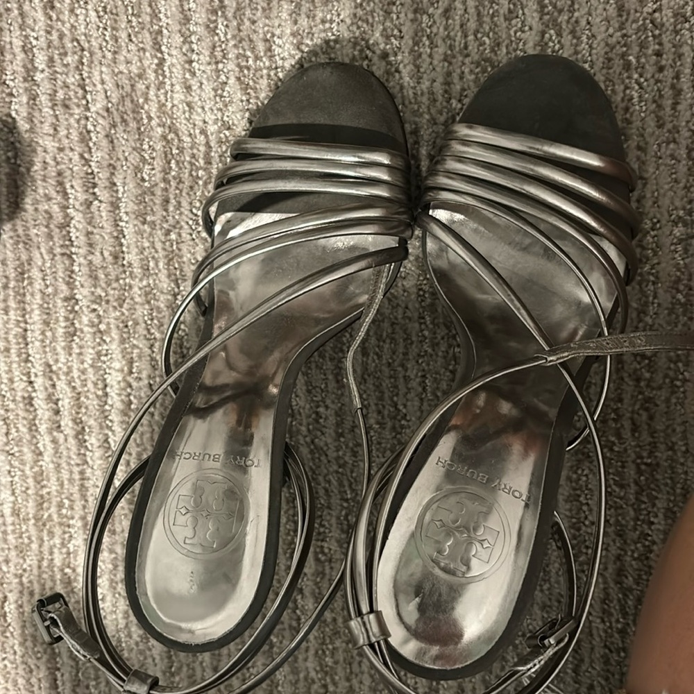 Tory Burch silver strappy heels 7 1/2